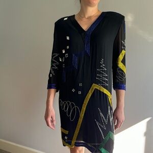 Vintage Fabrice Black Silk and Colorful Pop Art Dress